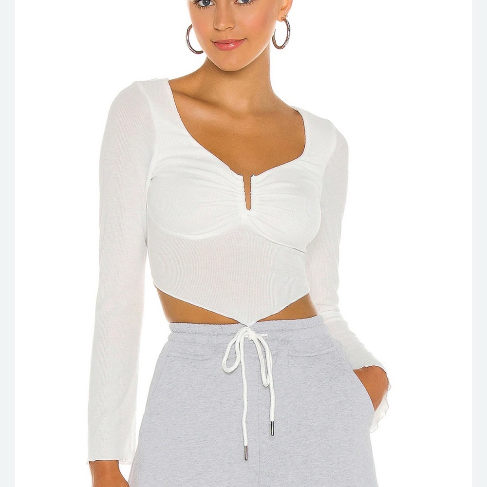 Revolve h:ours Tabitha White Ribbed Long Sleeve‎ U Ring Cropped Top size XL